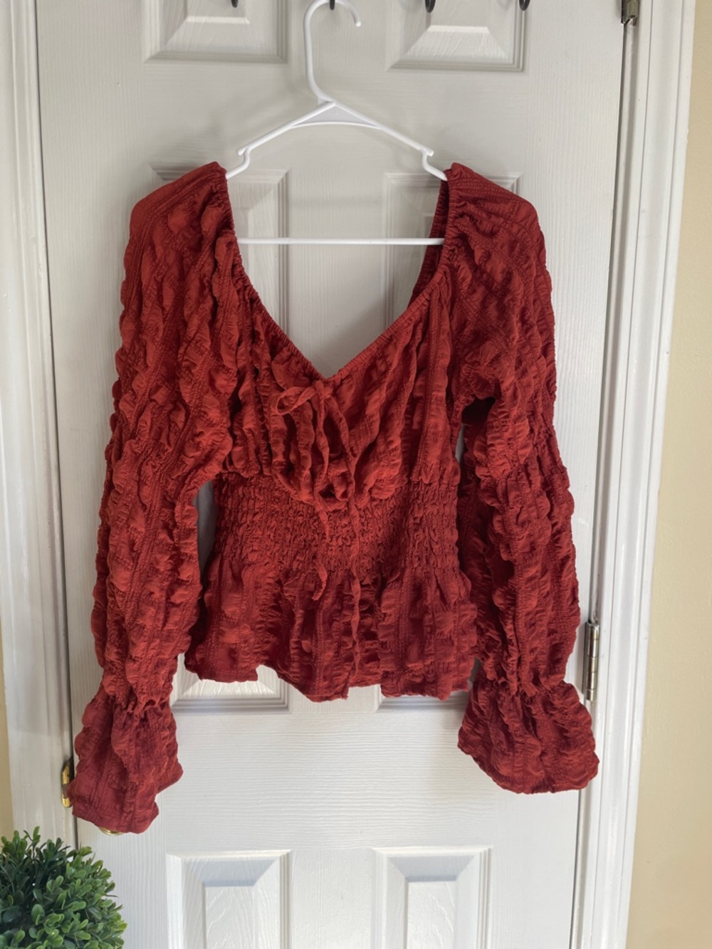 Women's Smocked Brick Red Boho Cottagecore Ruffle Long-Sleeve Blouse